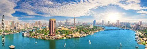 Panorama of Cairo downtown with the Tower and fashionable hotels in the harbour of the Nile, Egypt