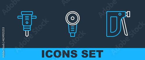 Set line Construction stapler, jackhammer and Angle grinder icon. Vector