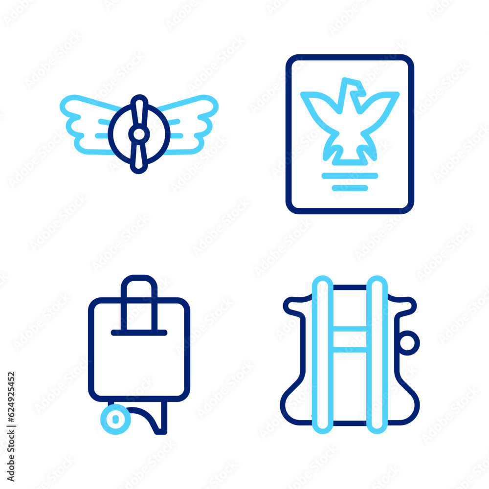 Set line Parachute, Suitcase, Passport and Aviation emblem icon. Vector Set line Parachute, Suitcase, Passport and Aviation emblem icon. Vector