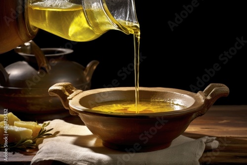 olive oil pouring into a ceramic bowl, created with generative ai