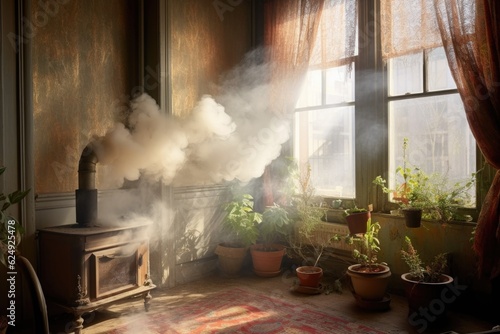 smoke plumes rising from incense near an open window, created with generative ai