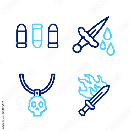 Set line Sword for game, Necklace amulet, with blood and Bullet icon. Vector