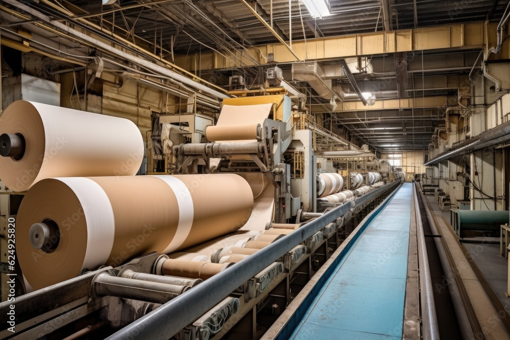 paper rolls on conveyor belts in a manufacturing plant, created with generative ai paper rolls on conveyor belts in a manufacturing plant, created with generative ai