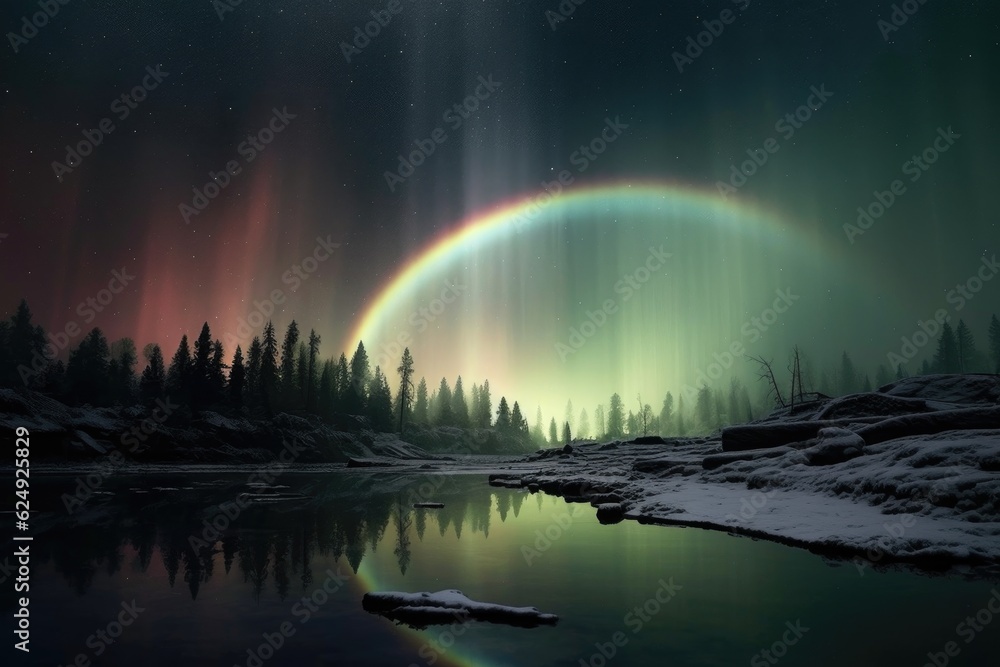 moonbow against a backdrop of northern lights, created with generative ai