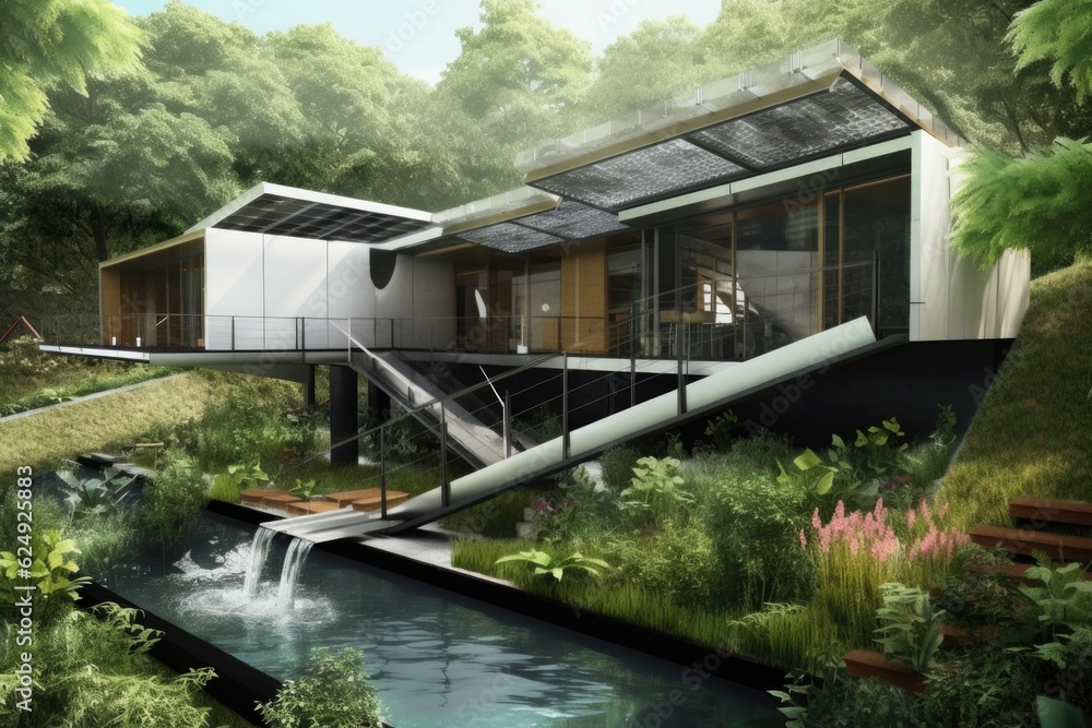 View of sustainable home with rainwater harvesting technology, created with ...
