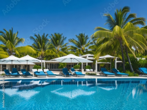 Luxurious swimming pool and loungers umbrellas near beach and sea with palm trees and blue sky. Generative AI 