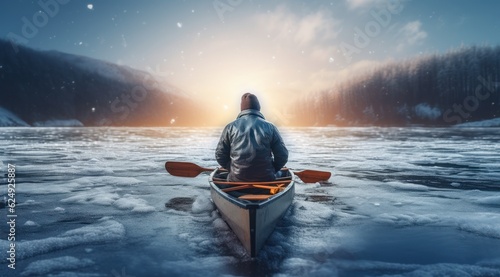 a man who sitting on canoe boat back view