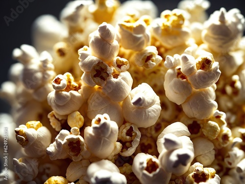 Popcorn, closeup view. Ai generative.