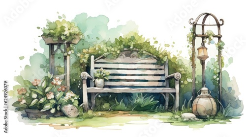 Garden bench surrounded by green plants and bushes. Watercolor illustration.