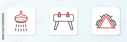 Set line Metal rack with weight, Shower and Pommel horse icon. Vector