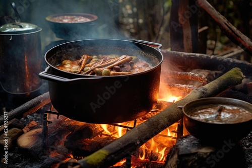 gumbo simmering over a crackling campfire, created with generative ai