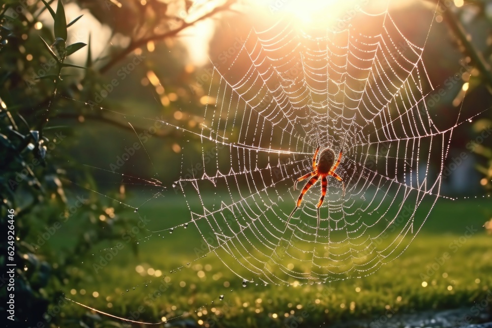 a spider spinning a delicate web in the early morning light, created with generative ai