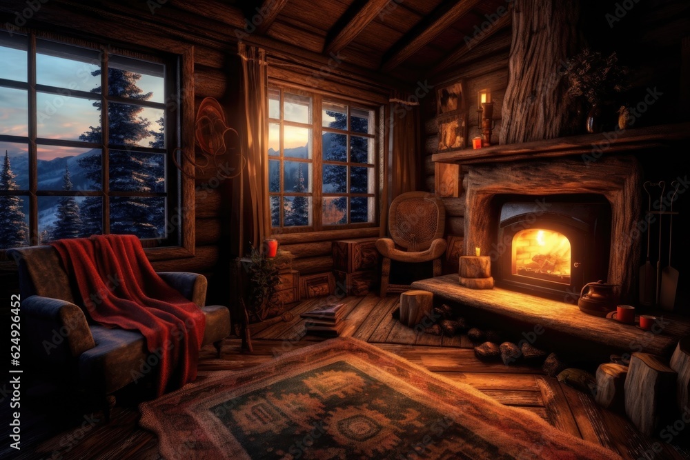 cozy fireplace with crackling fire in cabin, created with generative ai cozy fireplace with crackling fire in cabin, created with generative ai