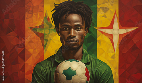 a man holding a soccer ball and a flag of cameroon, in the style of celebrity portraits with personality, romanesque art, densely patterned imagery photo