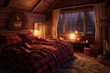 candlelit cabin bedroom with a fluffy comforter, created with generative ai