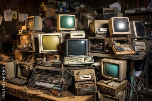 electronic waste collection: old computers and phones, created with generative ai