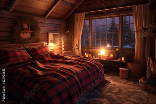 candlelit cabin bedroom with a fluffy comforter, created with generative ai
