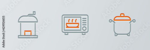 Set line Cooking pot, Manual coffee grinder and Microwave oven icon. Vector