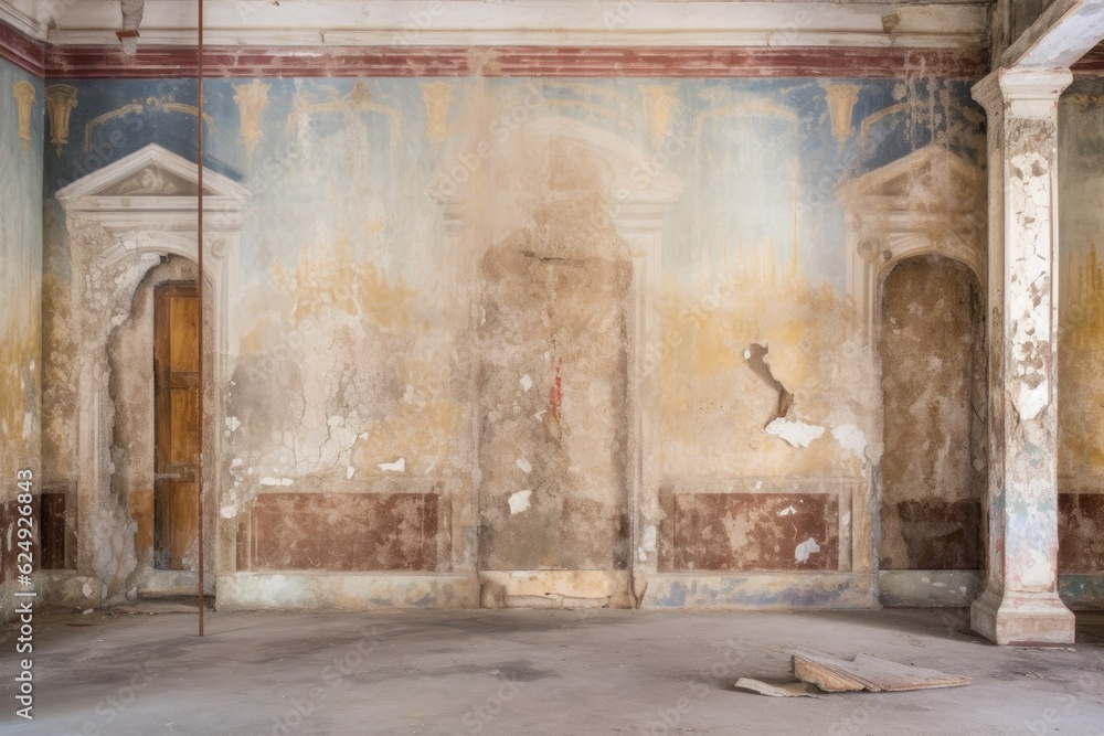 old mural with half restored and half faded artwork, created with generative ai