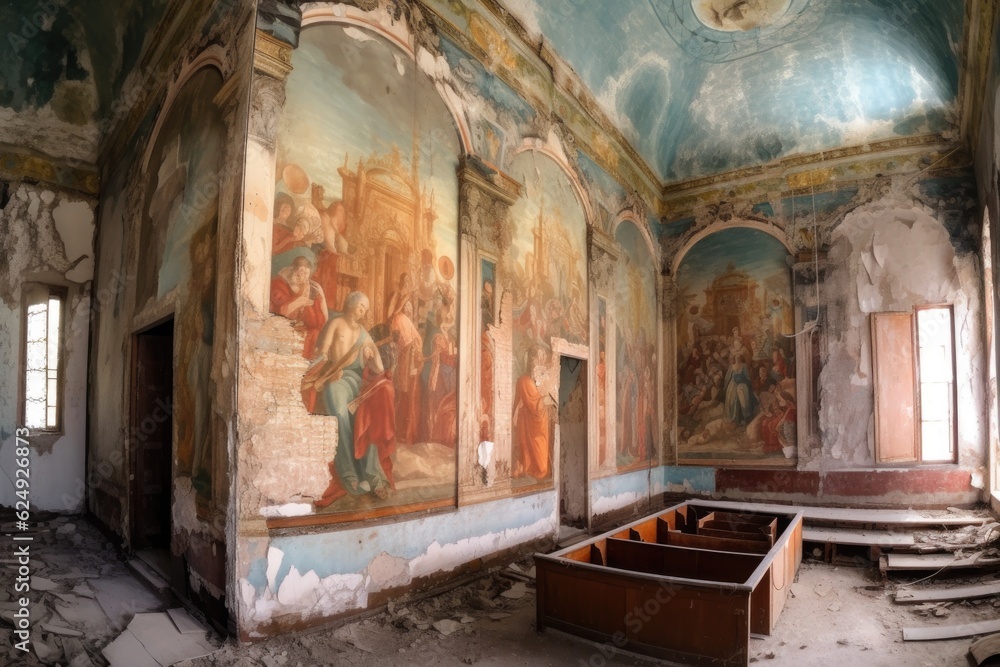 wide-angle view of old mural wall before restoration begins, created with generative ai