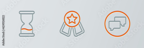 Set line Speech bubble chat, Old hourglass and Medal with star icon. Vector