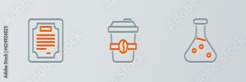 Set line Test tube, Certificate template and Coffee cup to go icon. Vector