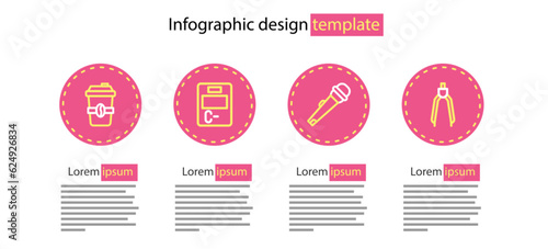 Set line Microphone, Drawing compass, Exam paper with incorrect answers and Coffee cup to go icon. Vector