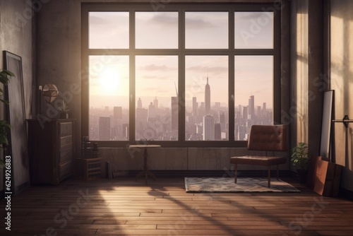 minimal room with a large window and cityscape view  created with generative ai
