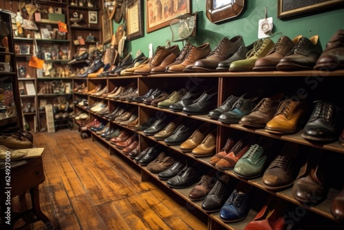 classic shoes on shelves in vintage shop, created with generative ai