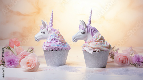 Unicorn Cupcakes - Unicorn Themed Cupcakes in Hombre Pastel Colors with Frosting and Whimsical Elements - Vintage Feminine Color Tone Background - Delicious and Fun Dessert - Generative AI