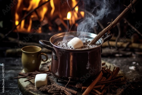 whisk stirring hot chocolate in a pot over open fire, created with generative ai