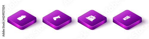 Set Isometric Sport bottle with water, Christmas sock, Pudding custard and Coffee cup icon. Vector