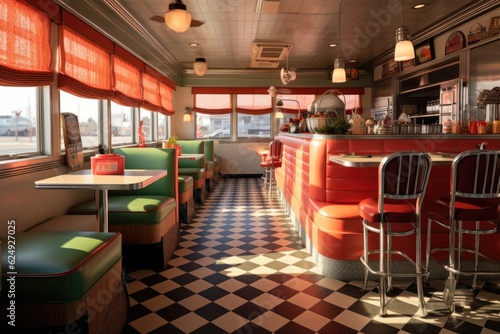 close-up of checkered floor and vintage diner decor, created with generative ai © altitudevisual