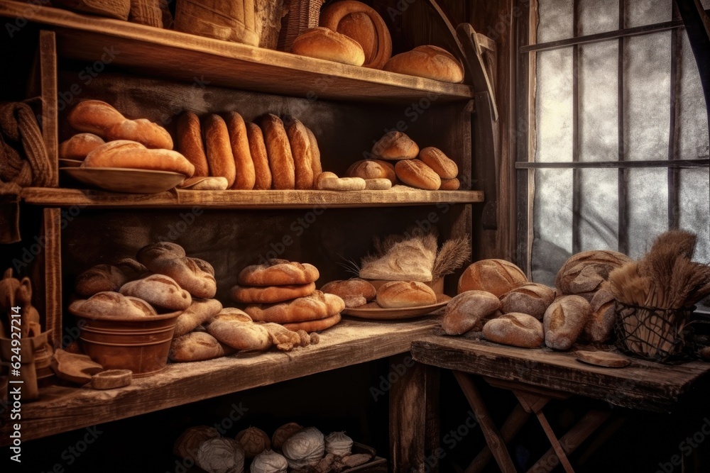 freshly baked bread on wooden shelves, created with generative ai