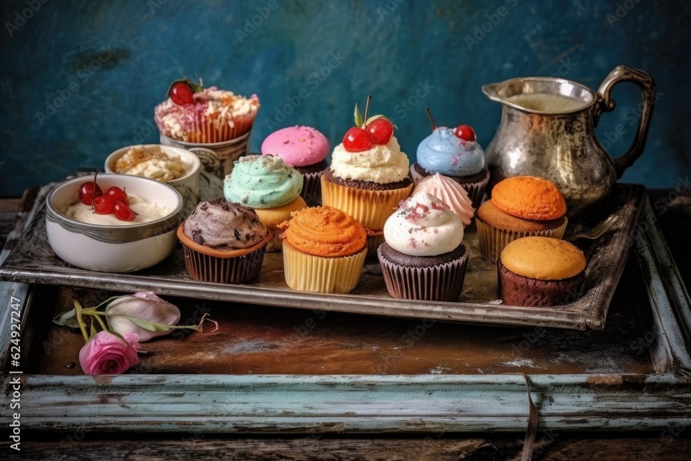 assorted cupcakes on a distressed metal tray, created with generative ai assorted cupcakes on a distressed metal tray, created with generative ai