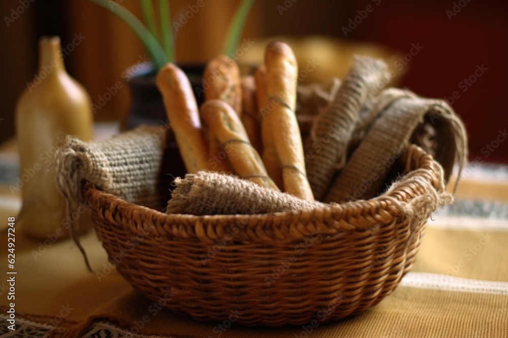 Obraz premium baguettes in a burlap-lined wire basket, created with generative ai