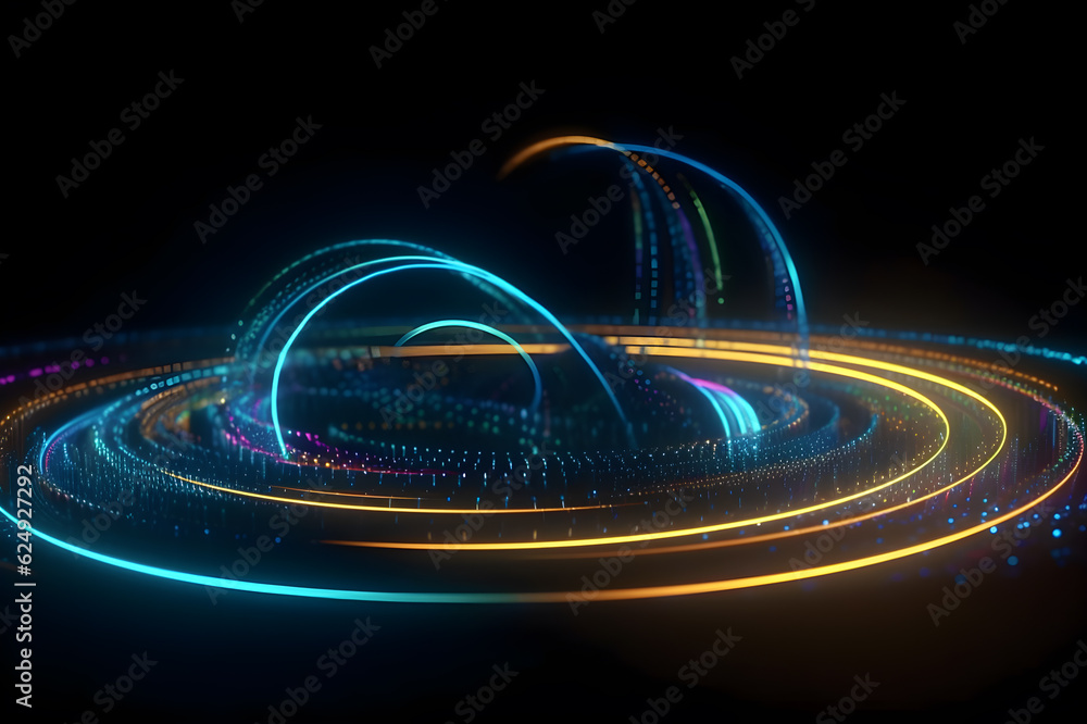 abstract bright neon dark background with yellow and blue neon spirals and microparticles, generative ai