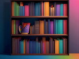 bookshelf with multi-colored books, children's rainbow library decoration, modern bright bookshelf in the study, generative ai
