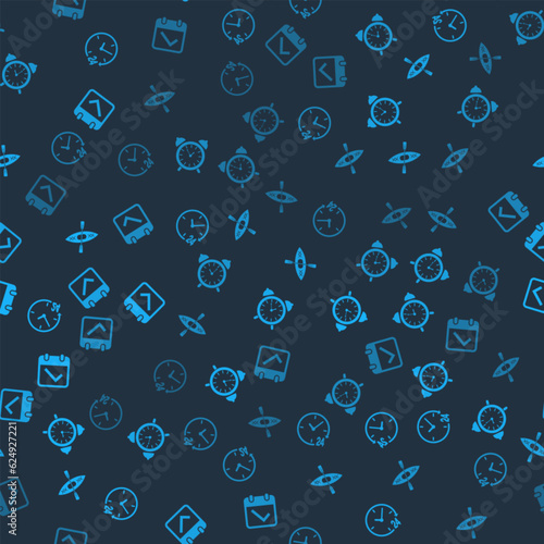 Set Clock 24 hours, Alarm clock, Kayak and paddle and Calendar with check mark on seamless pattern. Vector