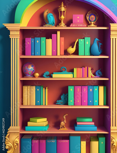 rounded bookshelf with colorful books, generative ai
