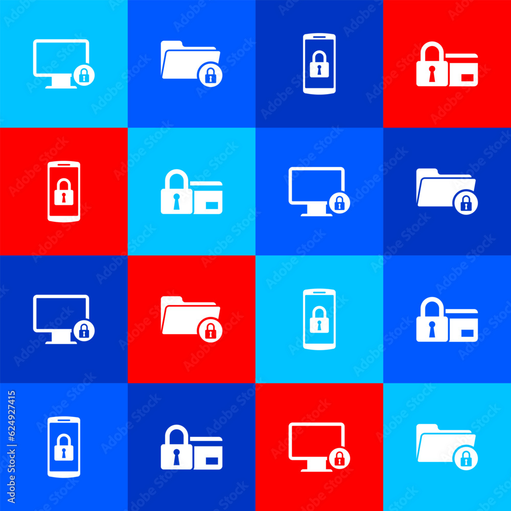 Set Lock on monitor, Folder and lock, Smartphone with and Credit card icon. Vector Set Lock on monitor, Folder and lock, Smartphone with and Credit card icon. Vector