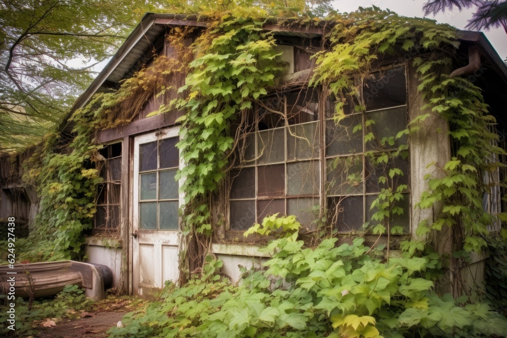 overgrown ivy climbing the exterior of a greenhouse, created with generative ai overgrown ivy climbing the exterior of a greenhouse, created with generative ai