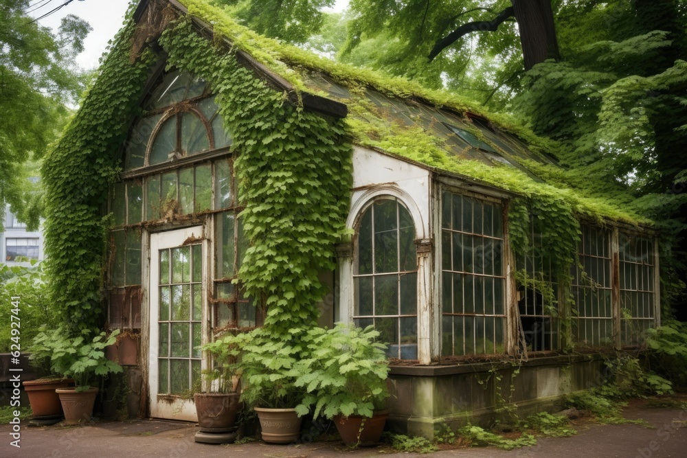 vintage greenhouse with ivy-covered exterior walls, created with generative ai