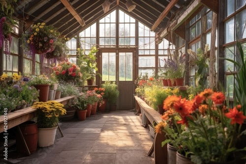 rustic greenhouse with colorful flowers inside, created with generative ai © altitudevisual