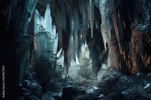 close-up of crystal formations in dark cave, created with generative ai