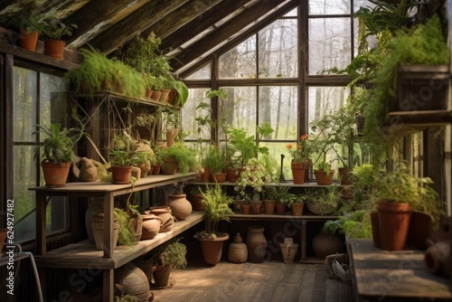 rustic greenhouse with potted plants on shelves, created with generative ai