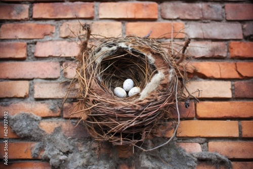 bird nest in vent on old brick wall, created with generative ai