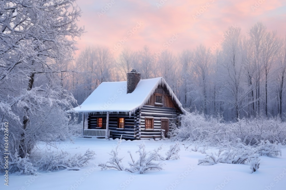 snow-covered log cabin in winter landscape, created with generative ai