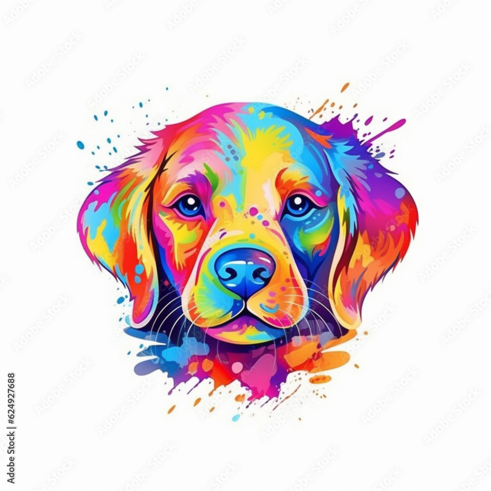 Illustration, AI generation. Dog's muzzle, colorful isolated badge, logo.