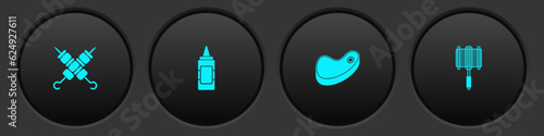Set Grilled shish kebab, Mustard bottle, Steak meat and Barbecue steel grid icon. Vector